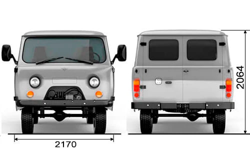 Габариты УАЗ Санитарный автомобиль для медслужб (39629) | Вид спереди и сзади