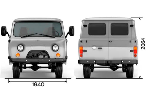 Габариты УАЗ Автобус (2206) | Вид спереди и сзади
