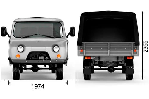 Габариты УАЗ Бортовой автомобиль (3303) | Вид спереди и сзади